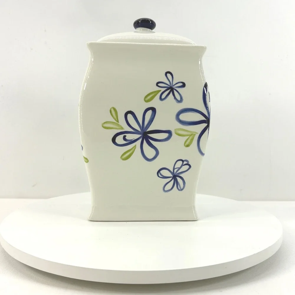 Starbucks 2003 Vintage Ceramic‎ Floral Canister Jar with Lid Blue Green White